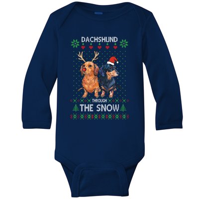 Ugly Sweater Dachshund Dog Through The Snow Merry Christmas Great Gift Baby Long Sleeve Bodysuit