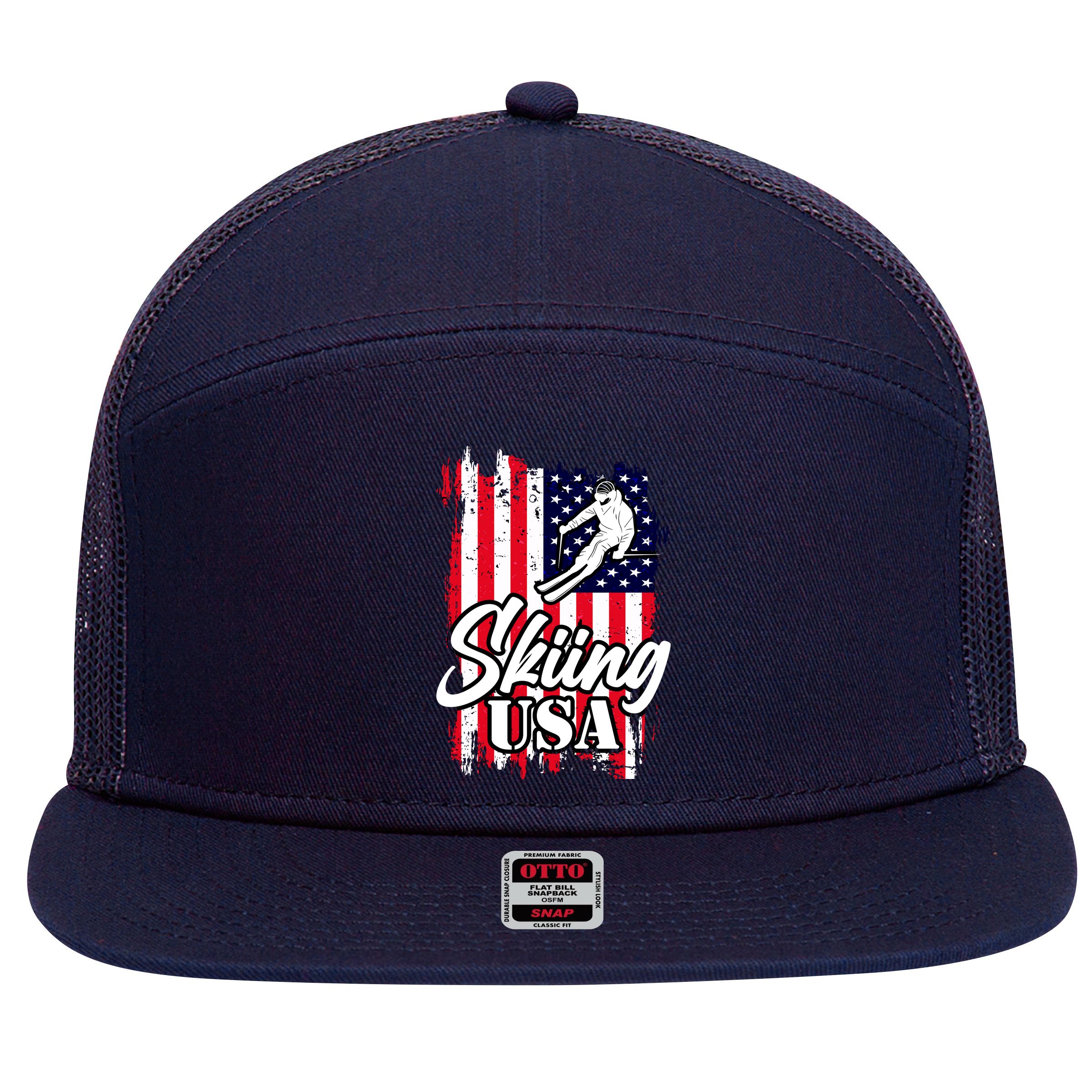 USA Skiing Flag Design 7 Panel Mesh Trucker Snapback Hat