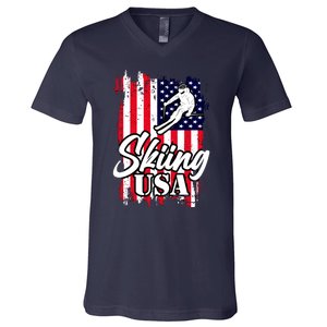 USA Skiing Flag Design V-Neck T-Shirt