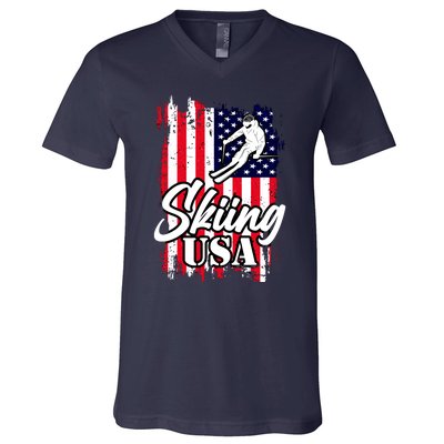 USA Skiing Flag Design V-Neck T-Shirt