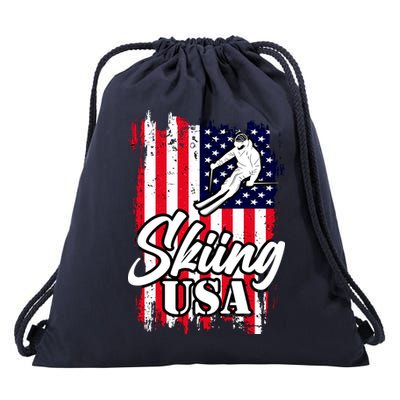 USA Skiing Flag Design Drawstring Bag