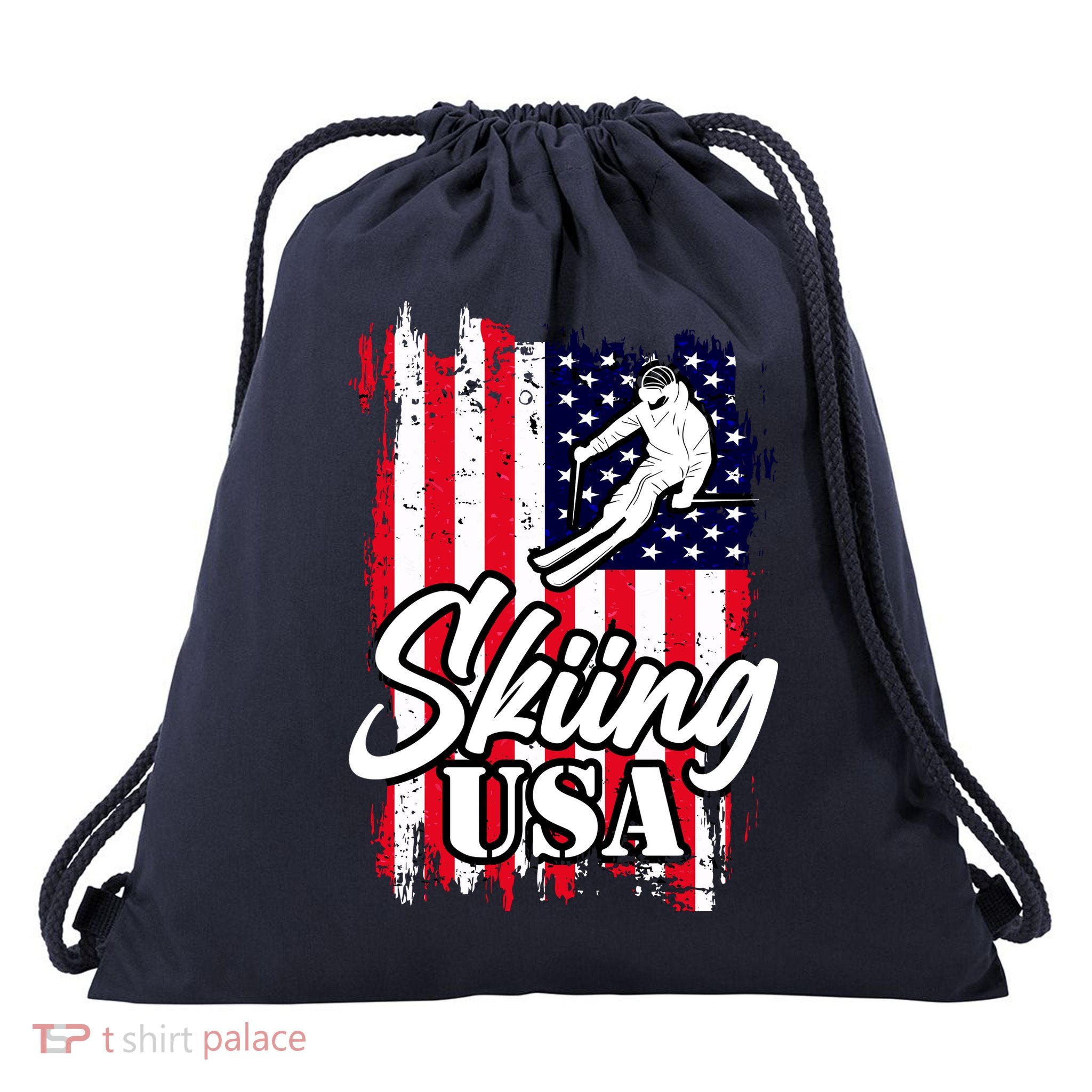 USA Skiing Flag Design Drawstring Bag