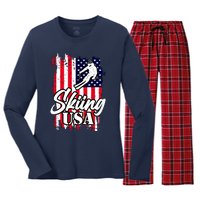 USA Skiing Flag Design Women's Long Sleeve Flannel Pajama Set 