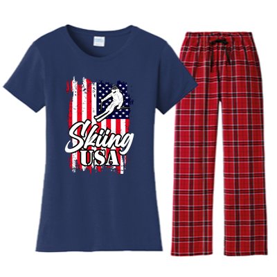 USA Skiing Flag Design Women's Flannel Pajama Set