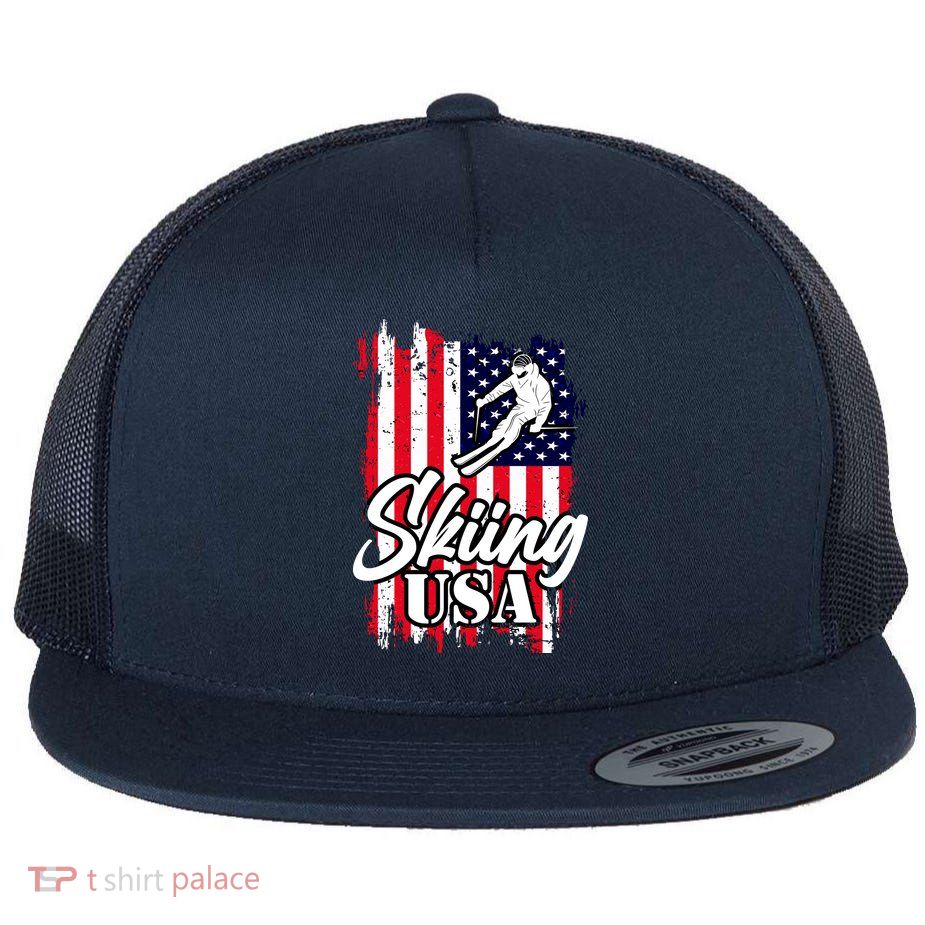 USA Skiing Flag Design Flat Bill Trucker Hat