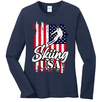 USA Skiing Flag Design Ladies Long Sleeve Shirt