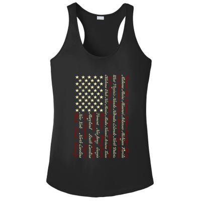 U S Flag 50 States Names Stripes Patriotic American Flag Gift Ladies PosiCharge Competitor Racerback Tank