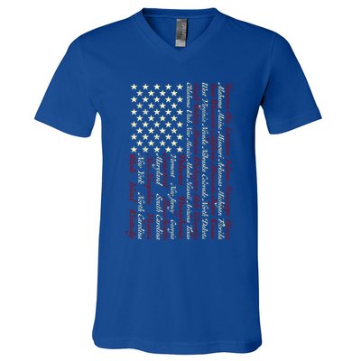 U S Flag 50 States Names Stripes Patriotic American Flag Gift V-Neck T-Shirt