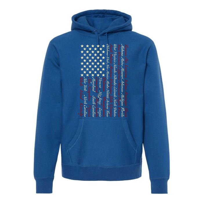 U S Flag 50 States Names Stripes Patriotic American Flag Gift Premium Hoodie