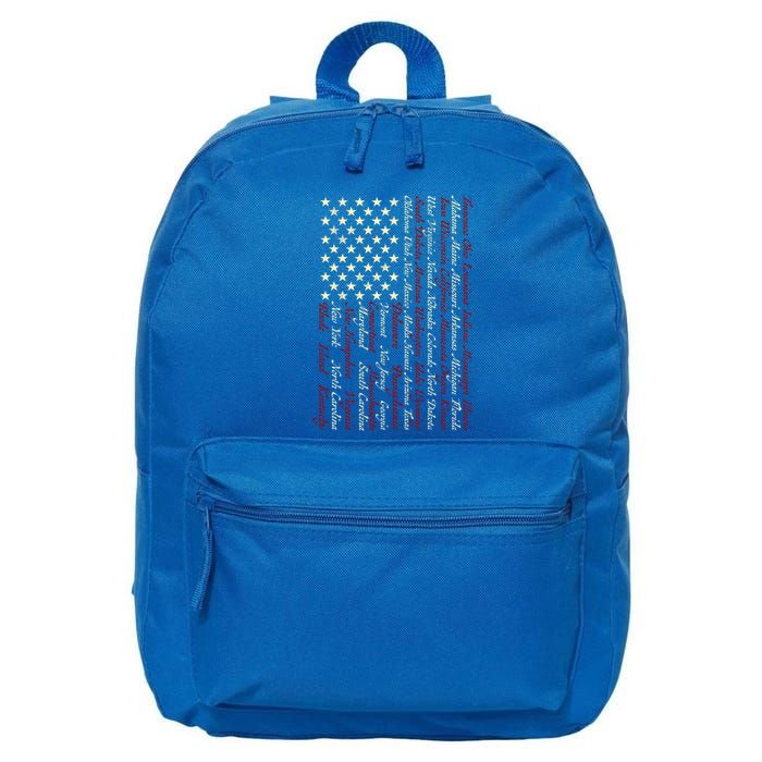 U S Flag 50 States Names Stripes Patriotic American Flag Gift 16 in Basic Backpack
