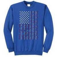 U S Flag 50 States Names Stripes Patriotic American Flag Gift Tall Sweatshirt