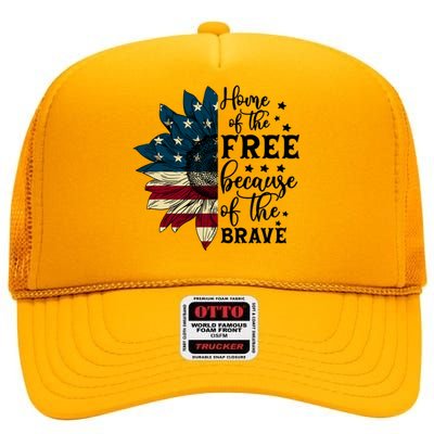 USA Sunflower Flag Home Of The Free Because Of The Brave High Crown Mesh Back Trucker Hat