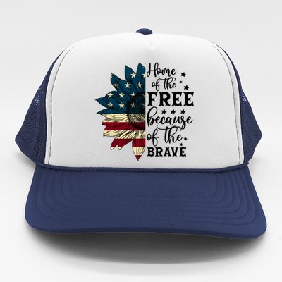 USA Sunflower Flag Home Of The Free Because Of The Brave Trucker Hat