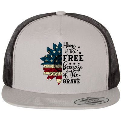 USA Sunflower Flag Home Of The Free Because Of The Brave Flat Bill Trucker Hat