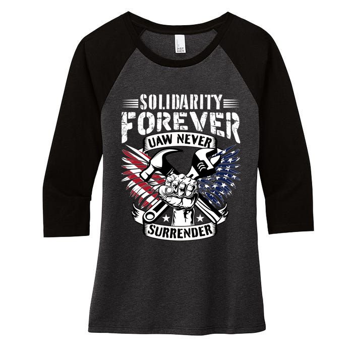 USA Solidarity Forever UAW Never Surrender UAW Union Strong Women's Tri-Blend 3/4-Sleeve Raglan Shirt