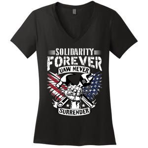 USA Solidarity Forever UAW Never Surrender UAW Union Strong Women's V-Neck T-Shirt