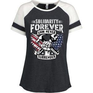 USA Solidarity Forever UAW Never Surrender UAW Union Strong Enza Ladies Jersey Colorblock Tee