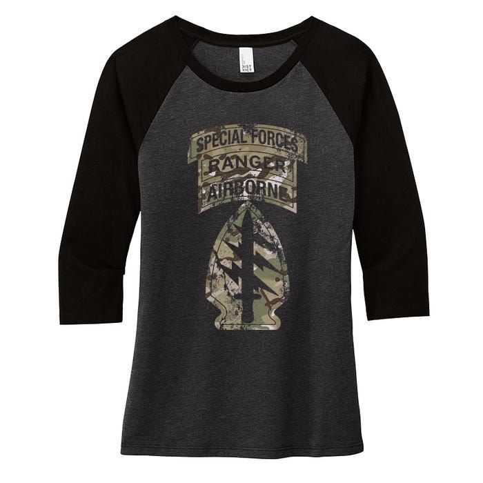 Us Special Forces Sf Ranger Tab Multicam Camo Women's Tri-Blend 3/4-Sleeve Raglan Shirt