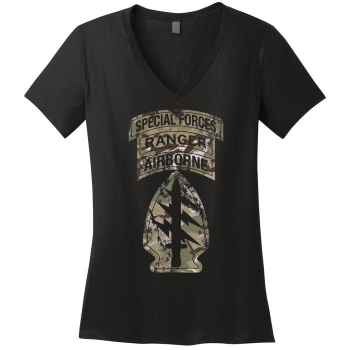 Us Special Forces Sf Ranger Tab Multicam Camo Women's V-Neck T-Shirt