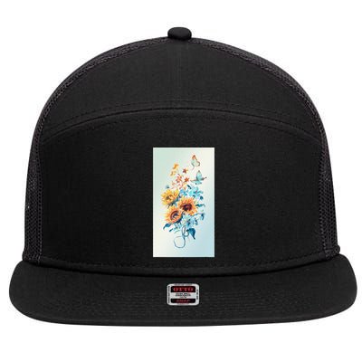 Ukraine Sunflower Floral Pattern Watercolor Art 7 Panel Mesh Trucker Snapback Hat