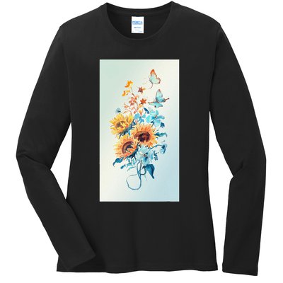 Ukraine Sunflower Floral Pattern Watercolor Art Ladies Long Sleeve Shirt