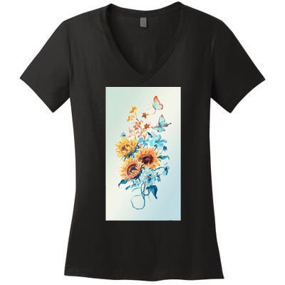Ukraine Sunflower Floral Pattern Watercolor Art Women's V-Neck T-Shirt