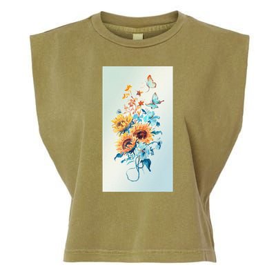 Ukraine Sunflower Floral Pattern Watercolor Art Garment-Dyed Women's Muscle Tee