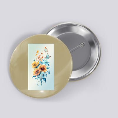 Ukraine Sunflower Floral Pattern Watercolor Art Button