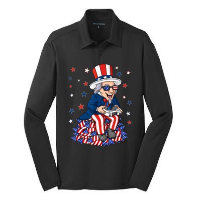 Uncle Sam Game Controller 4th Of July Boy Teens Gamer Silk Touch Performance Long Sleeve Polo