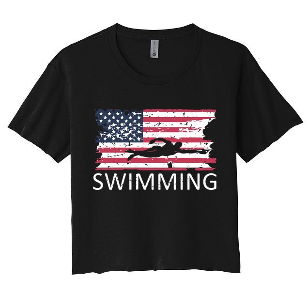 Usa Swimming Gift Distressed Us Flag Swimming Hoody Crop Top