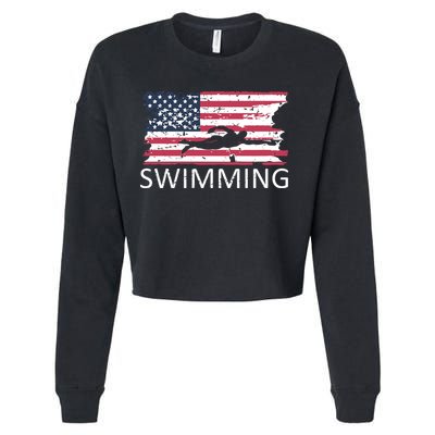 Usa Swimming Gift Distressed Us Flag Swimming Hoody Cropped Pullover Crew