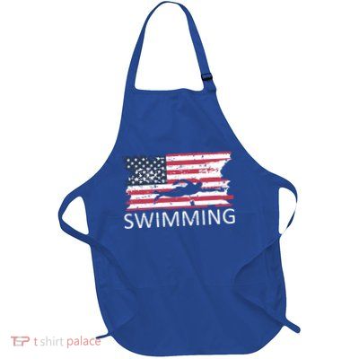 Usa Swimming Gift Distressed Us Flag Swimming Hoody Full-Length Apron With Pockets