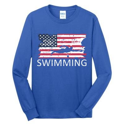 Usa Swimming Gift Distressed Us Flag Swimming Hoody Tall Long Sleeve T-Shirt