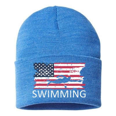 Usa Swimming Gift Distressed Us Flag Swimming Hoody Sustainable Knit Beanie