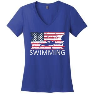 Usa Swimming Gift Distressed Us Flag Swimming Hoody Women's V-Neck T-Shirt