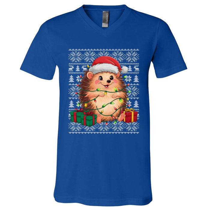 Ugly Santa Hat Hedgehog Christmas Xmas Sweater Style V-Neck T-Shirt