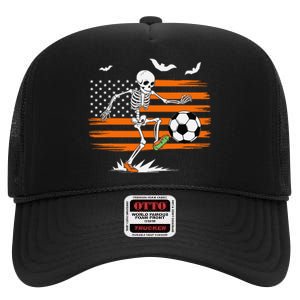 United States Halloween Skeleton Soccer American Flag Futbol High Crown Mesh Back Trucker Hat