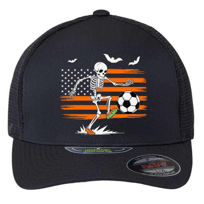 United States Halloween Skeleton Soccer American Flag Futbol Flexfit Unipanel Trucker Cap