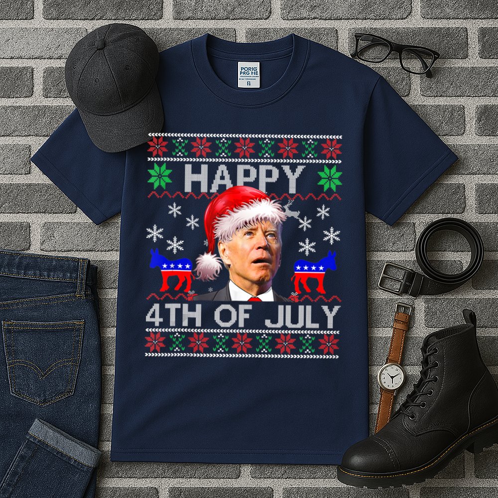 Ugly Santa Joe Biden Happy 4th Of July Christmas Tall T-Shirt