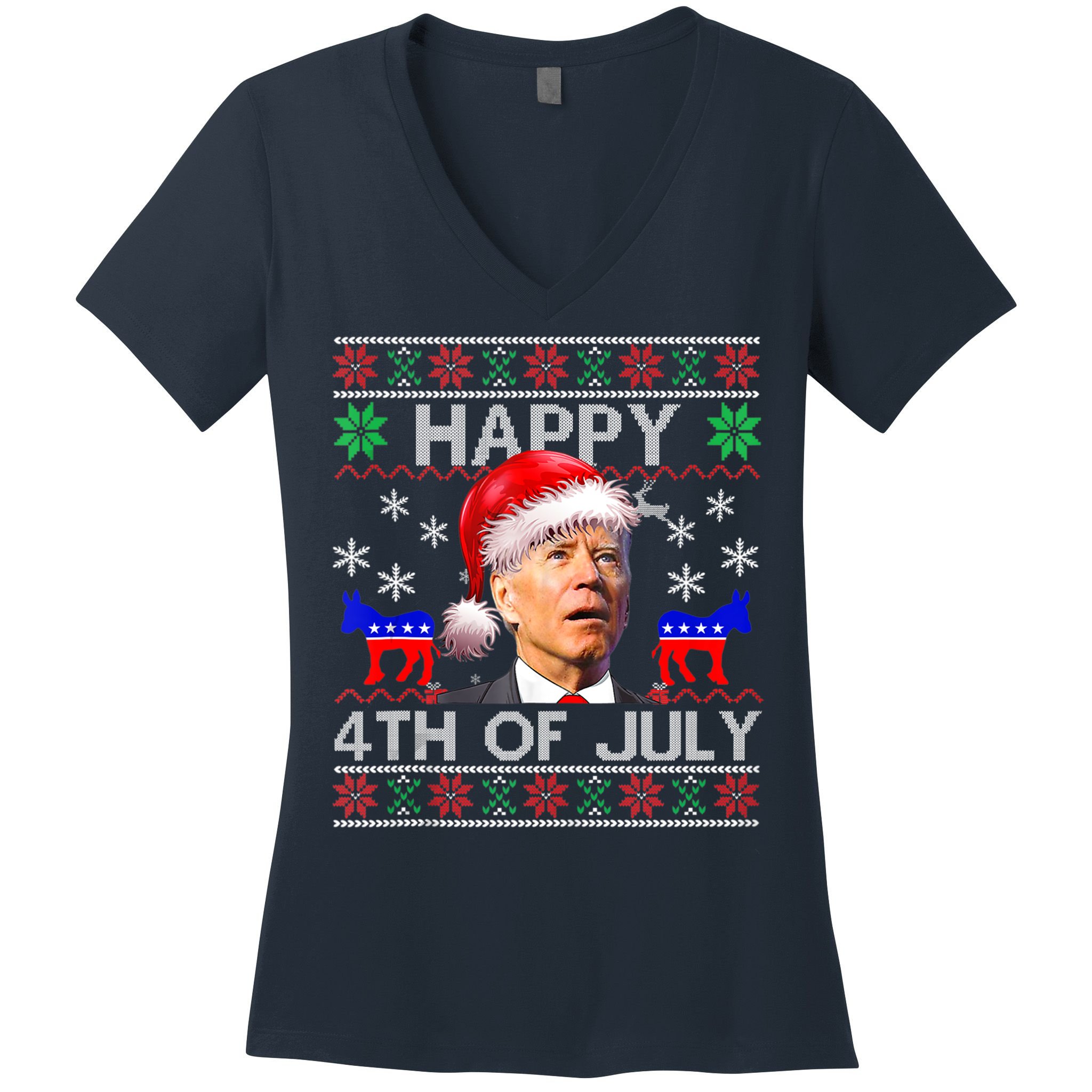 Ugly Santa Joe Biden Happy 4th Of July Christmas Women's V-Neck T-Shirt