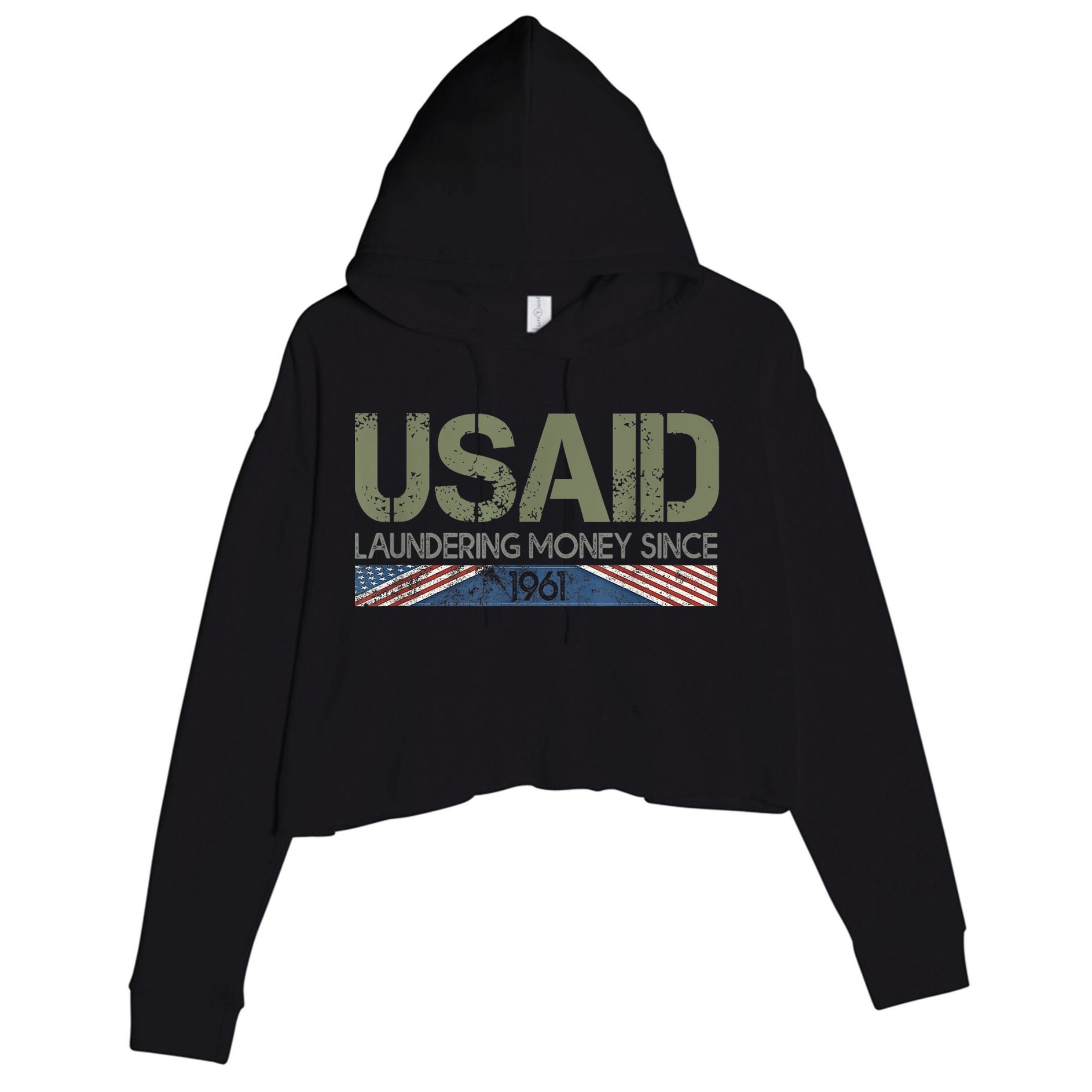 Usaid Satire Laundering Money Since 1961 Crop Fleece Hoodie