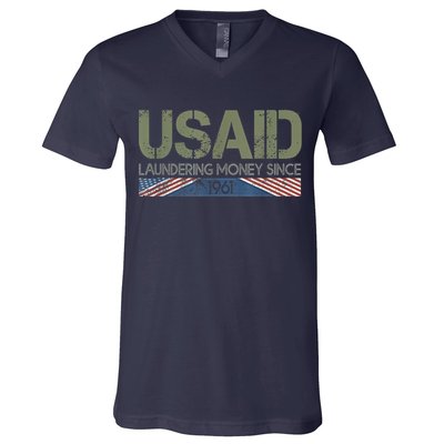 Usaid Satire Laundering Money Since 1961 V-Neck T-Shirt
