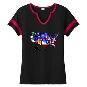 United States Map With Embeded Flags Ladies Halftime Notch Neck Tee