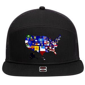 United States Map With Embeded Flags 7 Panel Mesh Trucker Snapback Hat