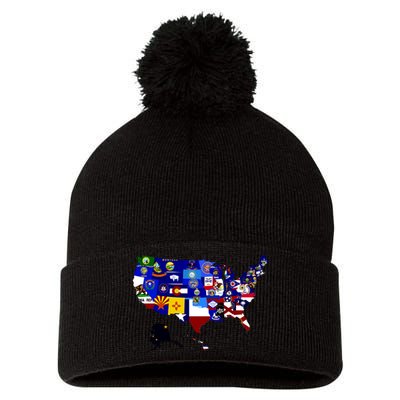 United States Map With Embeded Flags Pom Pom 12in Knit Beanie