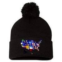 United States Map With Embeded Flags Pom Pom 12in Knit Beanie