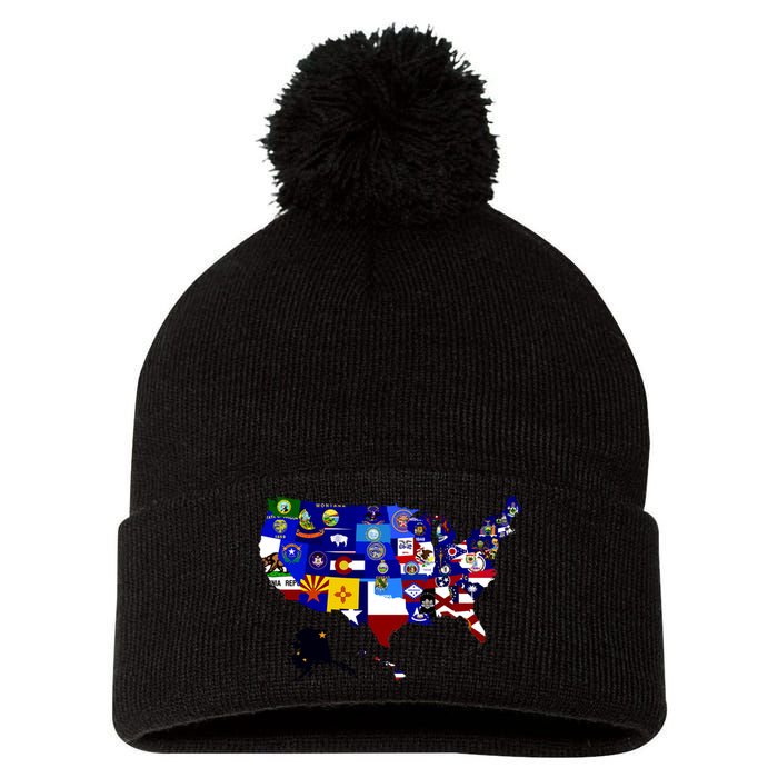 United States Map With Embeded Flags Pom Pom 12in Knit Beanie