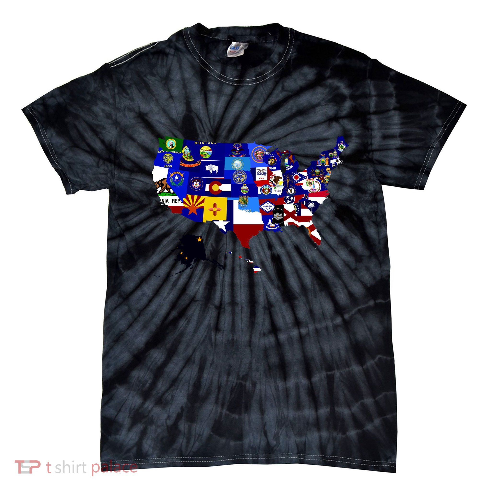 United States Map With Embeded Flags Tie-Dye T-Shirt