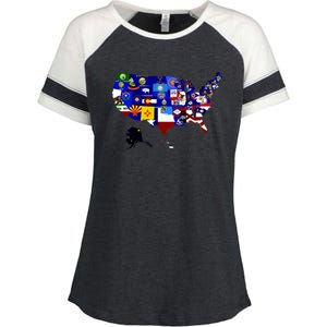 United States Map With Embeded Flags Enza Ladies Jersey Colorblock Tee