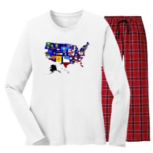 United States Map With Embeded Flags Women's Long Sleeve Flannel Pajama Set 